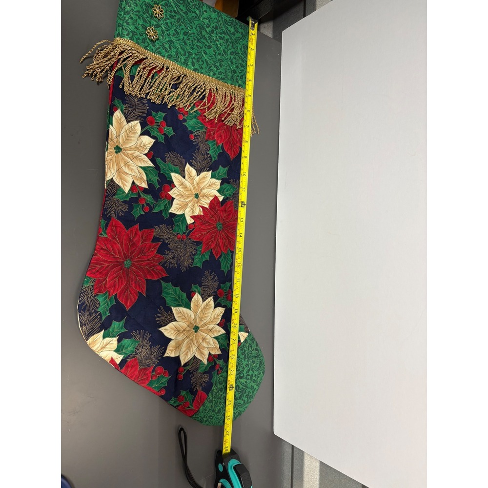 Vintage Quilted Christmas Stocking Poinsettia Floral Gold Fringe Green Cuff 26in - Picture 5 of 8